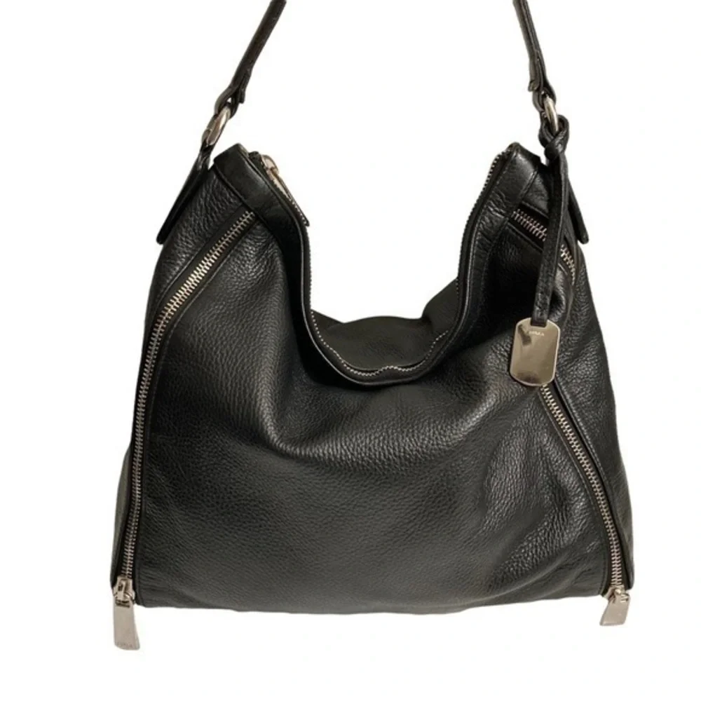 Furla black soft pebbled leather hobo bag